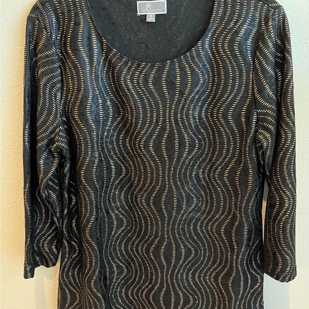 JM Collection black with gold metallic details. Blouse 3/4 Sleeve Sz medium.